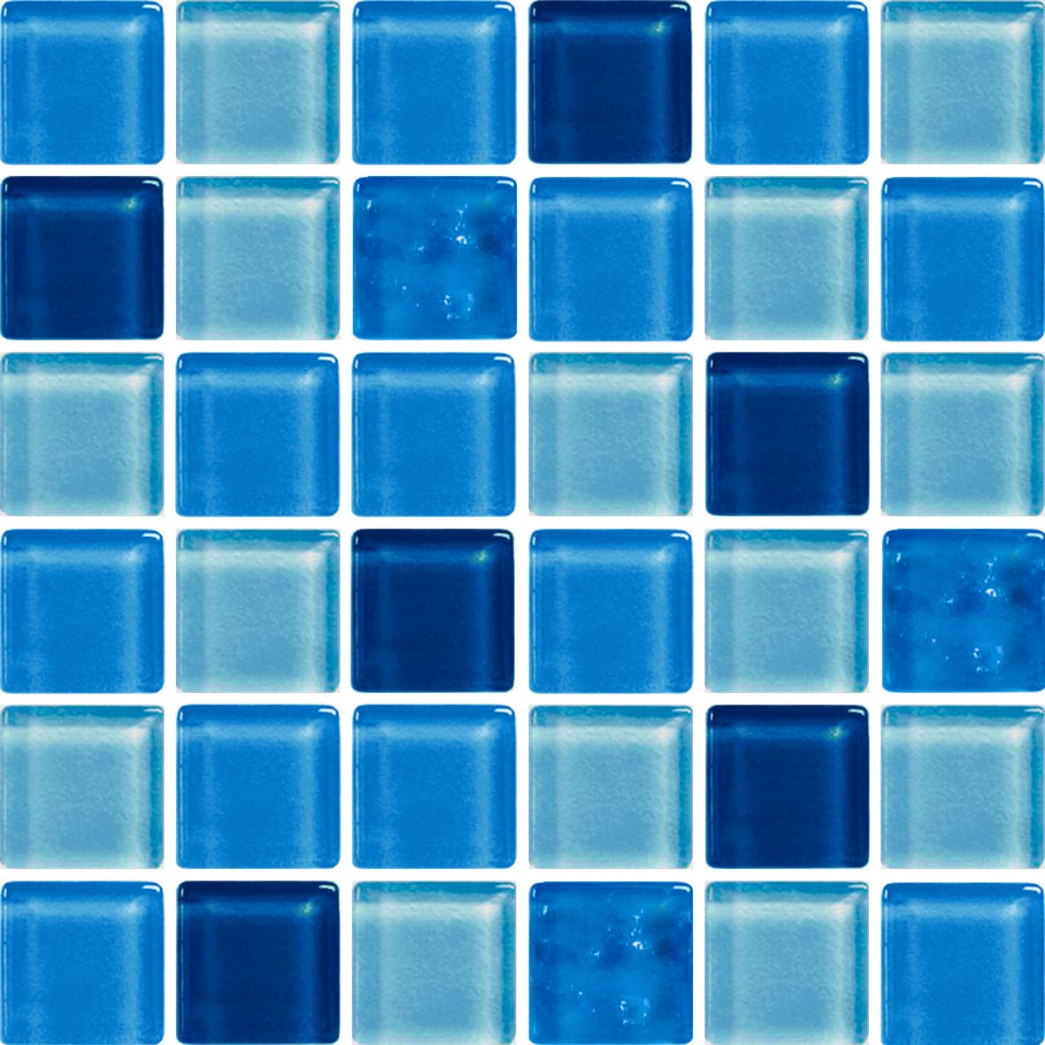 CRYSTAL ROYAL BLUE GLASS POOL MOSAIC 20X20MM ON 298X298MM SHEET, face view