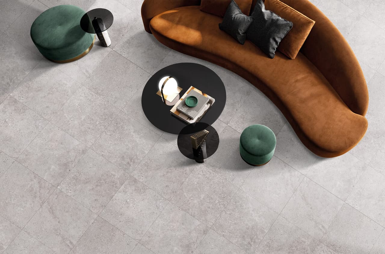 TREND GREY . GLAZED PORCELAIN, CUSHION EDGE, lifestyle view