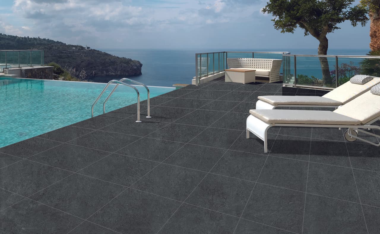 REEFSTONE BLACK PAVER 20MM THICK. GLAZED PORCELAIN, RECTIFIED EDGE, lifestyle view